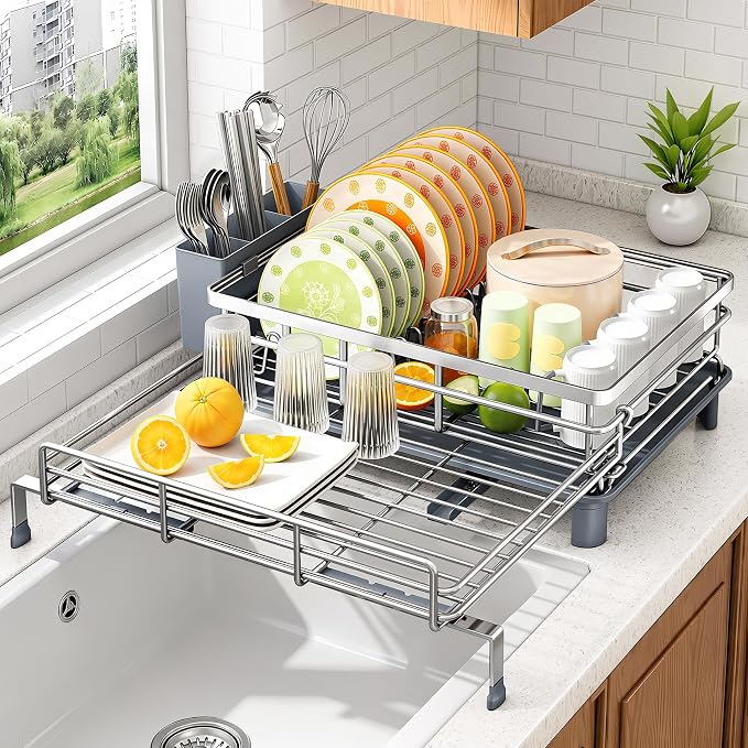 Expandable Dish Drying Rack for Kitchen Counter, Stainless Steel, Silver | Foldable Over Sink, Large Capacity, Rust-Resistant, Adjustable for Most Sinks, Automatic Drainage, Removable Utensil Holder by SAYZH