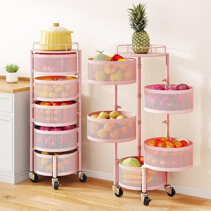 SAYZH 5 Tier Fruit Vegetable Basket Stand for Kitchen, Rotating, Pink | Rolling Storage Cart with top lid, Large Metal Wire Rack for Potato and Onion Storage by SAYZH