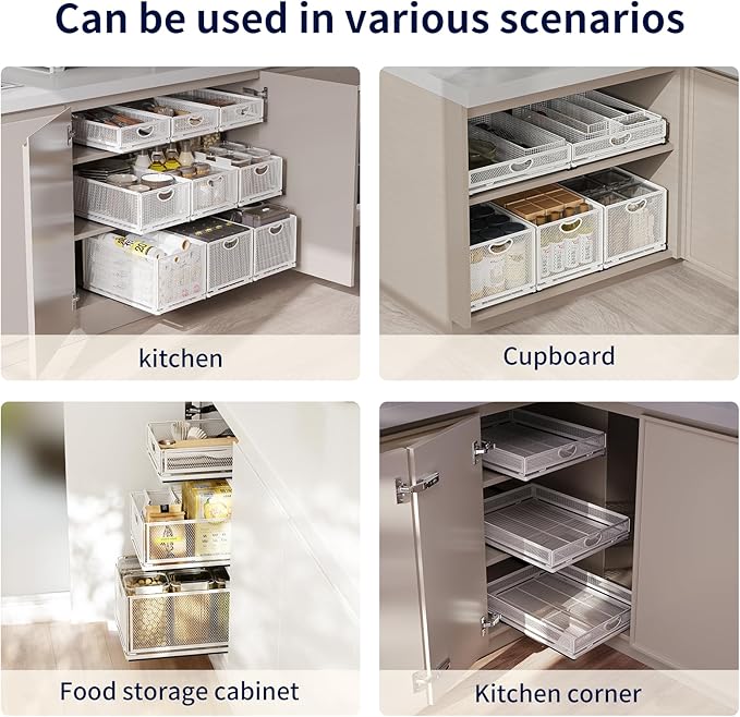 Pull Out Cabinet Organizer, No Drill Adhesive Sliding Drawers for Kitchen, Metal Mesh Wire Storage Shelf for Pantry & Under Sink, White (9.6" W x 15.7" D x 6.1" H) - Image 6