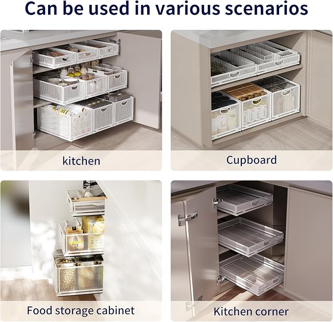 Pull Out Cabinet Organizer, No Drill Adhesive Sliding Drawers for Kitchen, Metal Mesh Wire Storage Shelf for Pantry & Under Sink, White (9.6" W x 11.8" D x 8.4" H) - Image 6