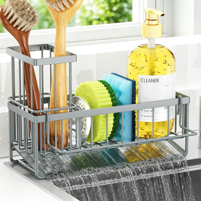 Sponge Holder for Kitchen Sink, Kitchen Sink Caddy, Kitchen Sink Sponge Holder, Dish Sponge Holder, Kitchen Sink Organizer for Sponge, Dish Brush, Scrubber(9.65" x 3.74" x 6.3", Gray) by OERPHO