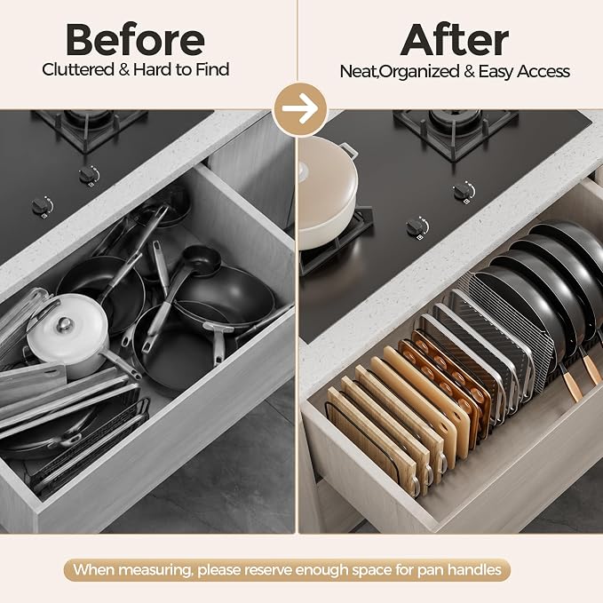 MUDEELA Expandable Cutting Board Organizer Pot Lids Rack 15 Dividers 2-Pack | Expandable Pots and Pans Organizer under Cabinet, 15 Adjustable Dividers, Fits Bakeware Cookie Sheet Baking Tray Muffin Tin - Image 8