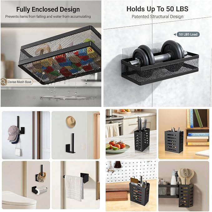 PUSDON 5-in-1 Wide Wall Mount Wrapped Mesh Kitchen Organizer & Shower Caddy Kit, with Paper Towel Holder, Utensil Holder, Soap Dish, Heavy Duty 50LBS - Matte Black, Netting - Image 4