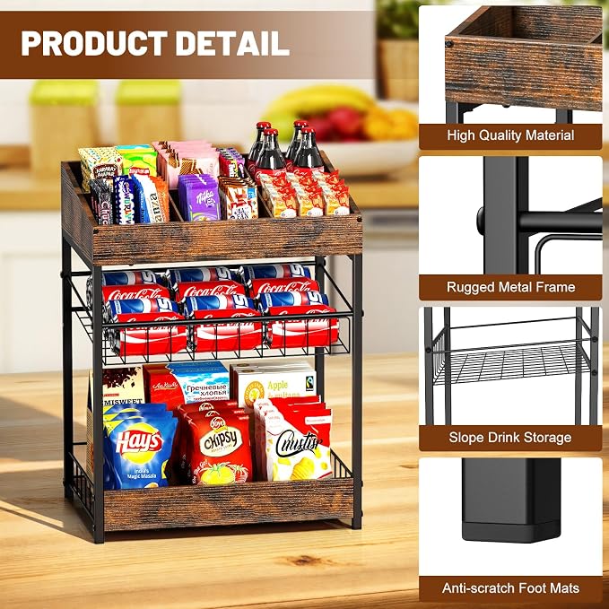 Snack Organizer for Countertop, 6 Adjustable Compartment | 3 Tier Snack Rack Display, Retail Display Shelf for Kitchen, Pantry, Counter, Office, Easy to Install, Brown - Image 5