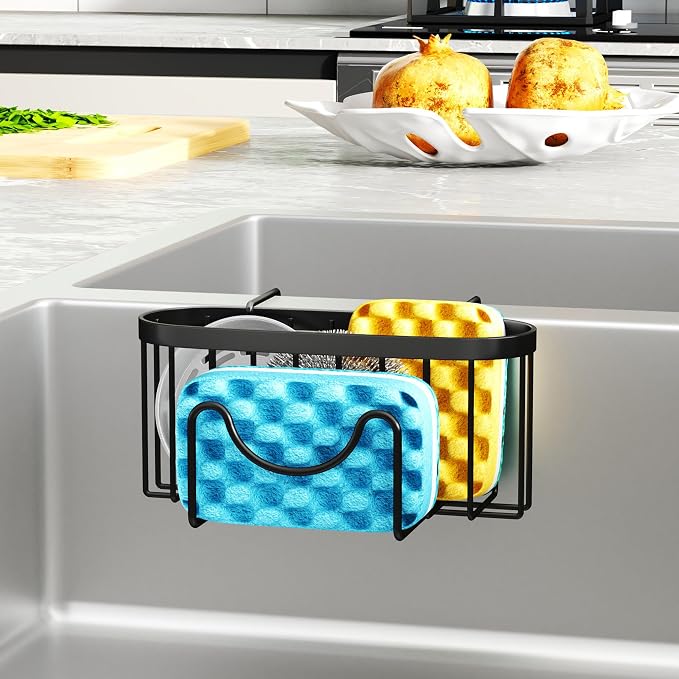 HapiRm Sponge Holder for Kitchen Sink - Rustproof Hanging Kitchen Caddy for Double-Bowl Sink, Center Divider width less than 1.5in- Black - Image 6