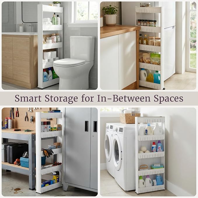 Lavish Home Slim Rolling Storage Cart, White, 21.5” x 5” x 52” - Image 8