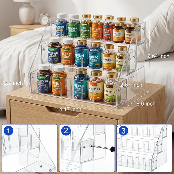 3-Tier Vitamin Storage Organizer, Organizer For Vitamin Bottles And Medicine Bottle, Vitamin Bottle Organizer For Countertop, Bathroom Cabinet Storage Items Are Clearly Visible (1, 14x8.3x7.9) - Image 2