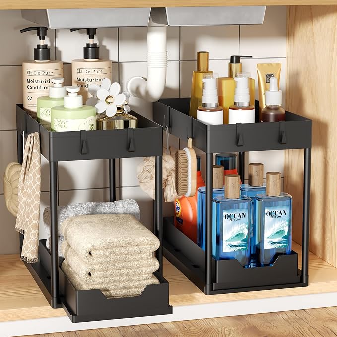 Ekisemio 2 Pack 2-Tier Under Sink Organizers with Sliding Drawer, Black | 2 Pack 2-Tier Under Sink Organizers | Sliding Drawer | Sturdy Metal Frame | Tool-Free Assembly | Space Saving | Black by Ekisemio