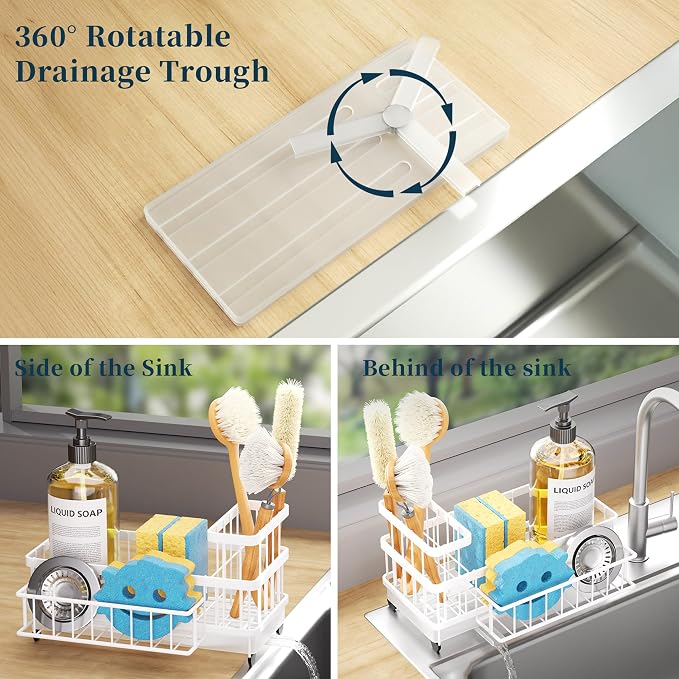 Consumest Sponge Holder for Kitchen Sink - Auto Draining Sink Caddy Organizer with Detachable Rack, High Brush Holder, Kitchen Countertop Storage Accessories, White - Image 2
