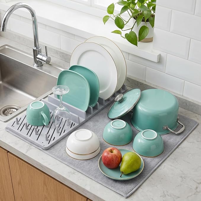 2-in-1 in Sink Dish Drying Rack with Dish Drying Mat,Collapsible Dish Drying Rack with Mat,Space-Saving Dish Rack for Kitchen Counter,Quick Dry Dish Drainers for Kitchen Sink (Grey White) by HOZOMT