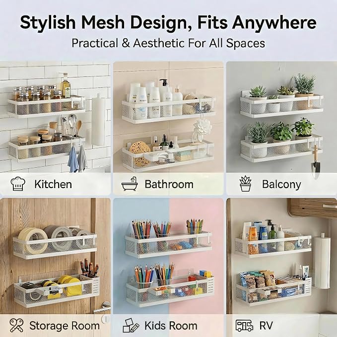 PUSDON 5-in-1 16.5" Extra Long Slim Wall Mount Wrapped Mesh Kitchen Organizer & Shower Caddy Kit, with Paper Towel Holder, Utensil Holder, Soap Dish, Holds 50LBS - White, Netting - Image 8