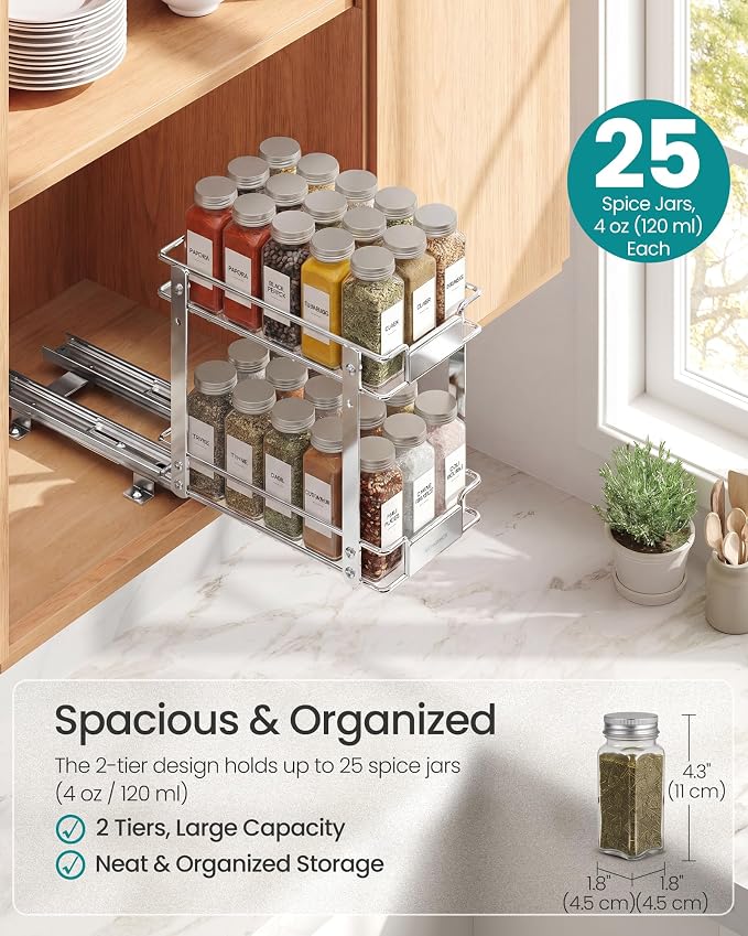 SONGMICS 4 Tier Pull Out Spice Rack for inside Cabinets, Organizer, Steel | Garbage Can, Waste Bin, with Soft Close Lid, Removable Inner Bucket, for Bathroom, White ULTB112WZ01 - Image 3