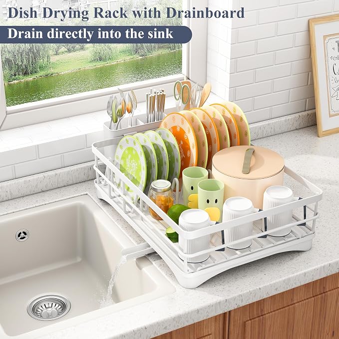 SAYZH Dish Drying Rack for Kitchen Counter with Utensil Holder, White | Stainless Steel, Large Capacity, Angled Drainboard, Rotating Spout, Removable to Clean - Image 2