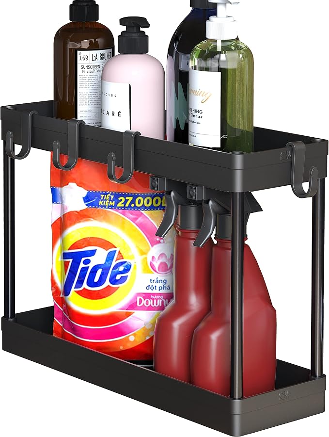 Simple Houseware 2-Tier Under Sink Organizer Storage Tray with Hooks, Black by SimpleHouseware