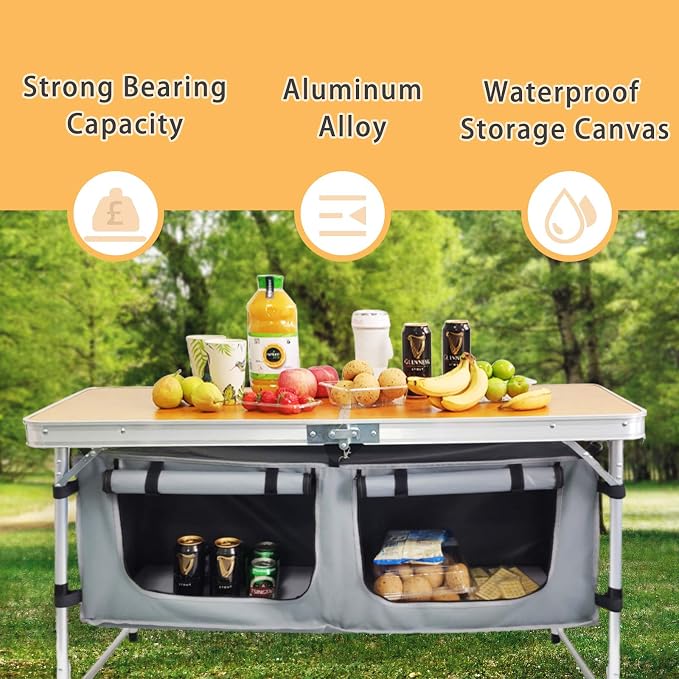 CampLand Outdoor Folding Table Aluminum Lightweight Height Adjustable with Storage Organizer for BBQ, Party, Camping - Image 3