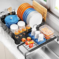 TOOLF Expandable Over The Sink Dish Drying Rack for Kitchen Counter, Black | Extend 12.56"-23.97"L,Stainless Steel & PP,Cups & Cutting Board Holder,Removable Utensil Holder,Adjustable Feet Fit Most Sink by TOOLF