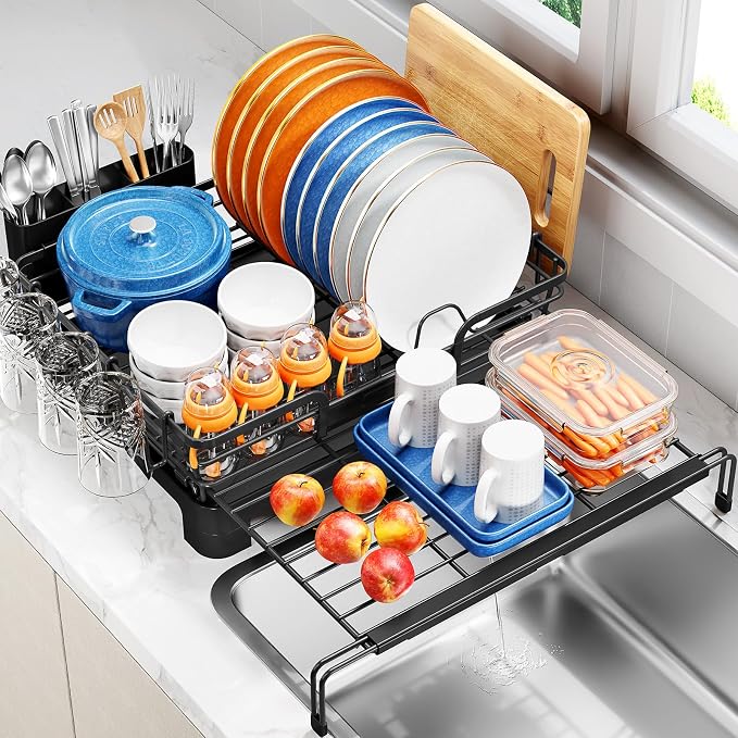 TOOLF Expandable Over The Sink Dish Drying Rack for Kitchen Counter, Black | Extend 12.56"-23.97"L,Stainless Steel & PP,Cups & Cutting Board Holder,Removable Utensil Holder,Adjustable Feet Fit Most Sink by TOOLF