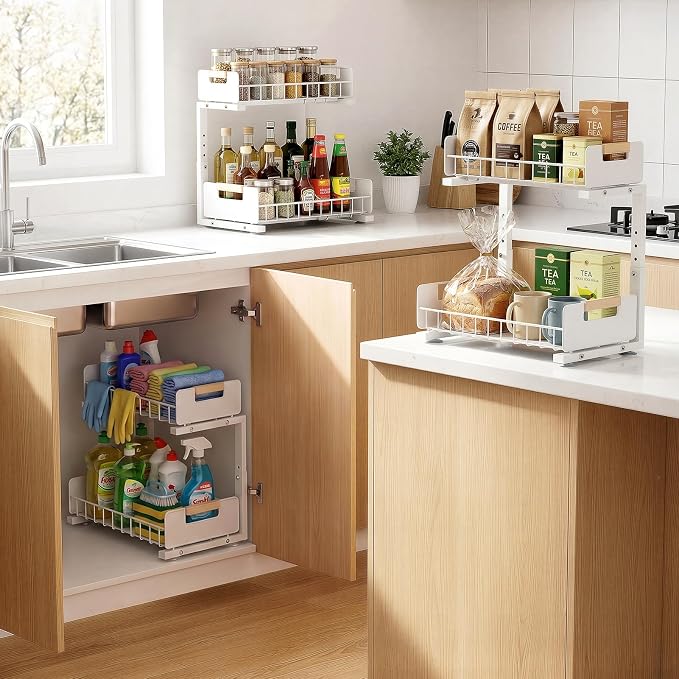 Delamu Under Sink Organizer Kitchen, 2-Tier Pull-Out Cabinet Shelf, 2-Pack | 2-Tier Smooth Slide, 5 Adjustable Heights, Anti-Tip Suction Cups, Sturdy Metal, For Kitchen Bathroom Pantry Laundry, White - Image 7
