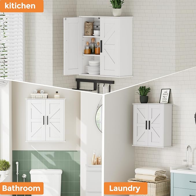 Homleke Bathroom Wall Cabinet, Medicine Cabinet with Adjustable Shelves | 3-Tier Wall Mounted Over Toilet Storage with Barn Doors, for Bathroom, Kitchen, Entryway, Laundry Room, White, (7.9" D) - Image 6