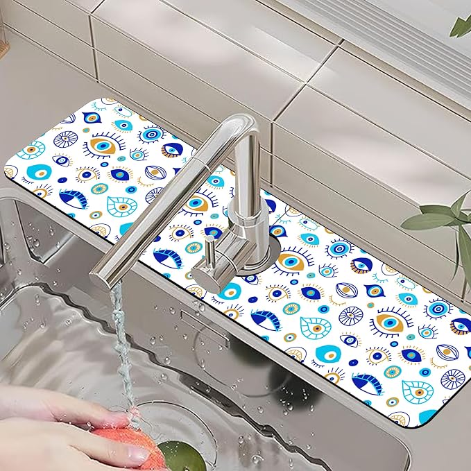 Faucet Mat for Kitchen Sink Doodle Drawing Evil Eyes Sink Splash Guard Behind Faucet Soft Diatom Mud Material Non-slip Easy to Clean for Bathroom & Kitchen 24"X5.5" - Image 6