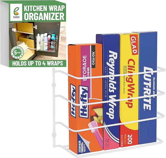 Evelots Kitchen Wrap & Food Bag Organizer Wall/Cabinet Mount, 1-Pack, White | Keep kitchen wraps and food bags organized with 1 basket that mounts on a wall or cabinet door to save valuable counter space by Evelots