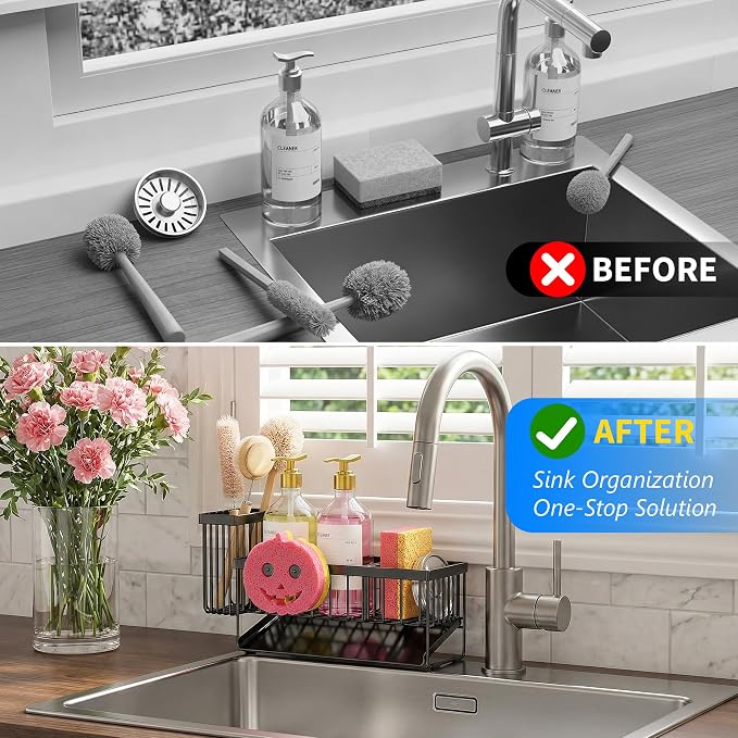 Cisily Sponge Holder for Kitchen Sink, Smiley Face Sink Caddy with Removable Brush Holder,Self-Draining Sponge Caddy for Sponge,Soap,Dish Brush,Scrubber,Kitchen Essentials and Gadgets - Image 3