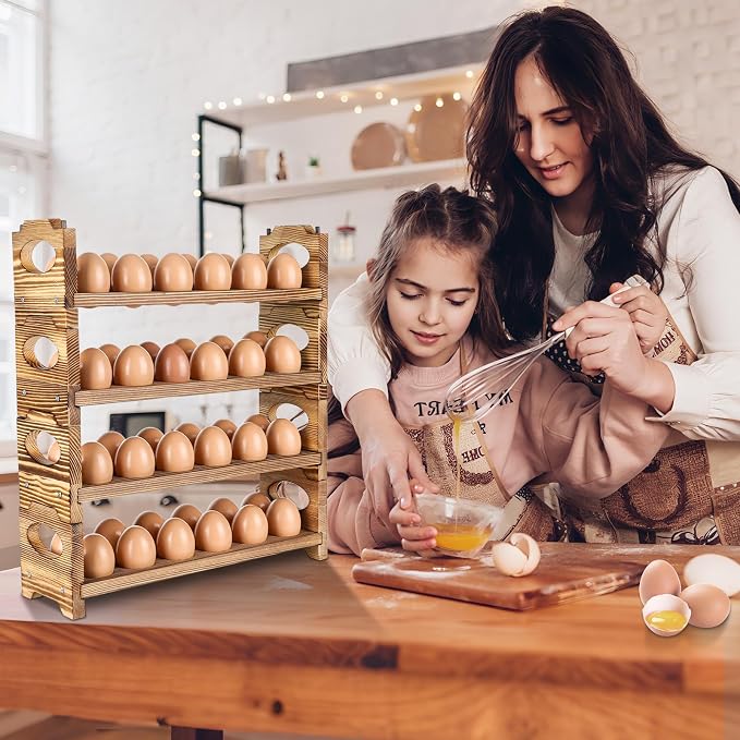 Wooden Egg Holder Countertop, 4-Tier/48-Hole, Stackable | Farmhouse Style, With Handle, Storage & Organizer, Durability, Assembly, For Chicken/Duck/Quail/Turkey/Easter Eggs - Image 3