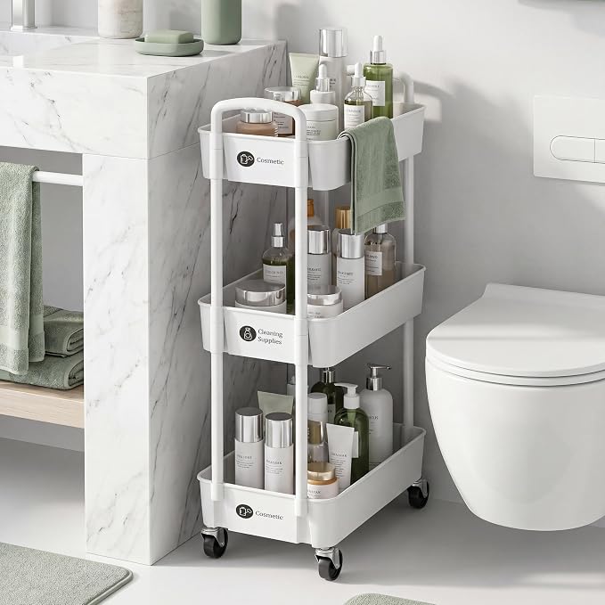 Laiensia 3-Tier Rolling Cart with Wheels,Multifunction Utility Storage Carts, Kitchen Storage Organizer,Mobile Shelving Unit for Bathroom,Laundry,with Classified Stickers,White (Pack of 2) - Image 7