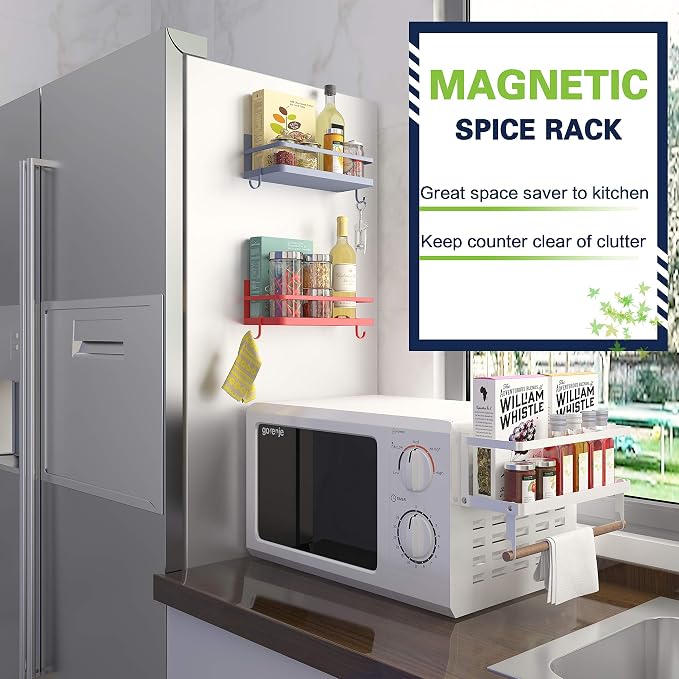 Magnetic Spice Rack, Strong Magnetic Shelf with 2 Removable Hooks, Perfect Space Saver for Small Kitchen/Apartment, Awesome Metal Cabinet for Holding Spices, Jars, Bottle, Beve(Red, 2Pack) - Image 5