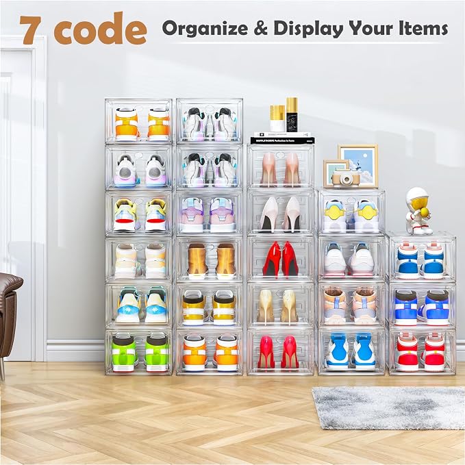 12 Pack Shoe Organizer, Stackable Shoe Storage Boxes with Magnetic Door | Clear Plastic Shoe Boxes for Sneakers, Boots & Heels, Foldable Space-Saving Shoe Rack for Closet, Durable Shoe Cabinet, White - Image 9