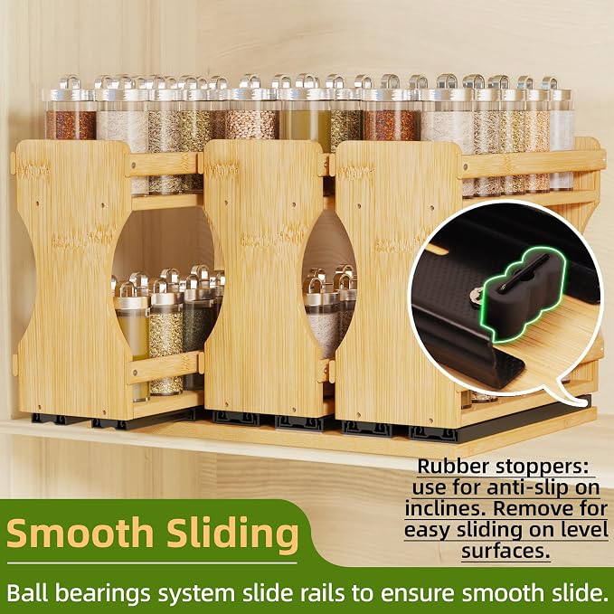 BAMEOS Pull Out Spice Rack Organizer for Cabinet, Bamboo Wide 13.9" Slide Out Seasoning Organizer for Kitchen, No Drill Anti-Tip Ball Bearing Silent Glides, Pantry Cabinet Organizer,Natural - Image 6