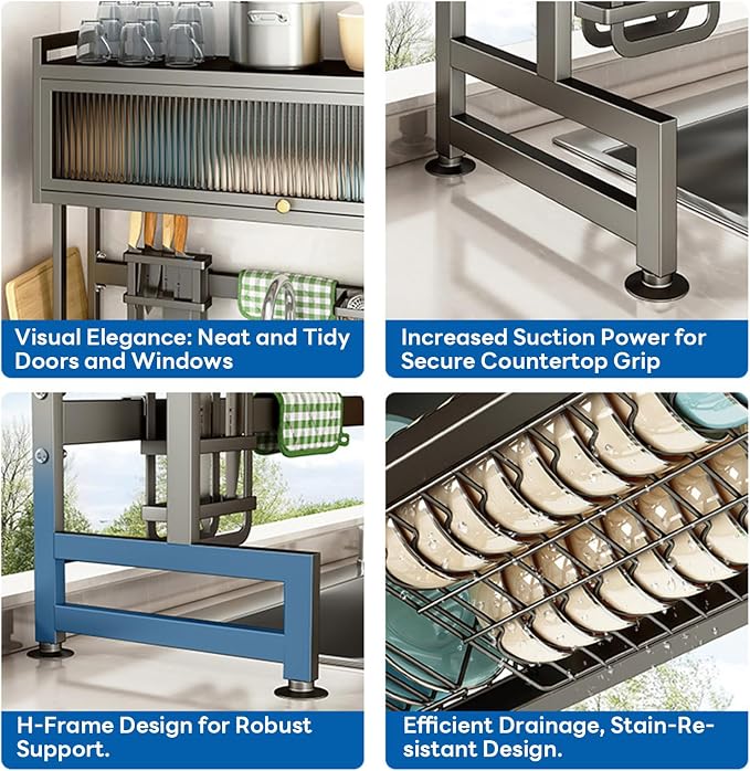 Hdrriozu Over the Sink Dish Drainer Drying Rack 3 Tier with Cover | Rust resistant built to last. Easy install simple tools. Holds all dishes glasses bowls. Space saving over sink tidy kitchen. - Image 4