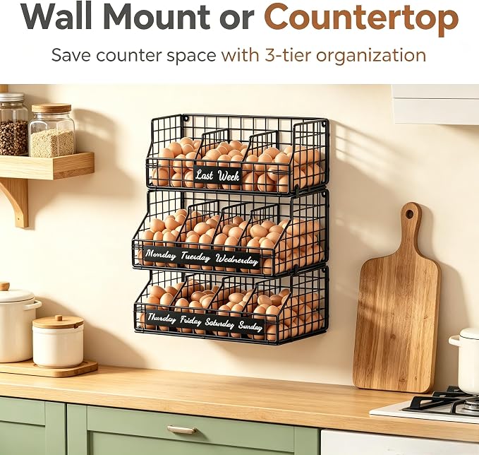 Egg Holder Countertop, 3 Tier Chicken Egg Basket for Gathering Fresh Eggs | Egg Storage Organizer with Adjustable 5 Dividers & Label, Stackable Wall Mounted Egg Collecting Basket Rack, Black - Image 4