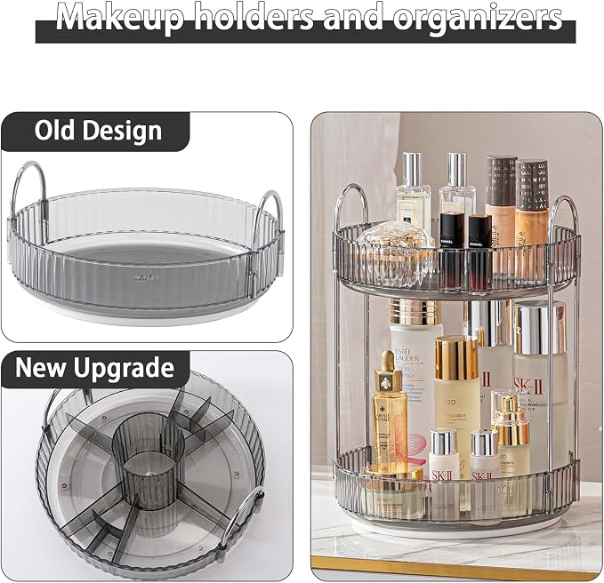 Rotating Makeup Organizer for Vanity, High-Capacity Skincare Clear Make Up Storage Perfume Organizers Cosmetic Dresser Organizer Countertop 360 Spinning (Gray, New-2 Tier) - Image 2