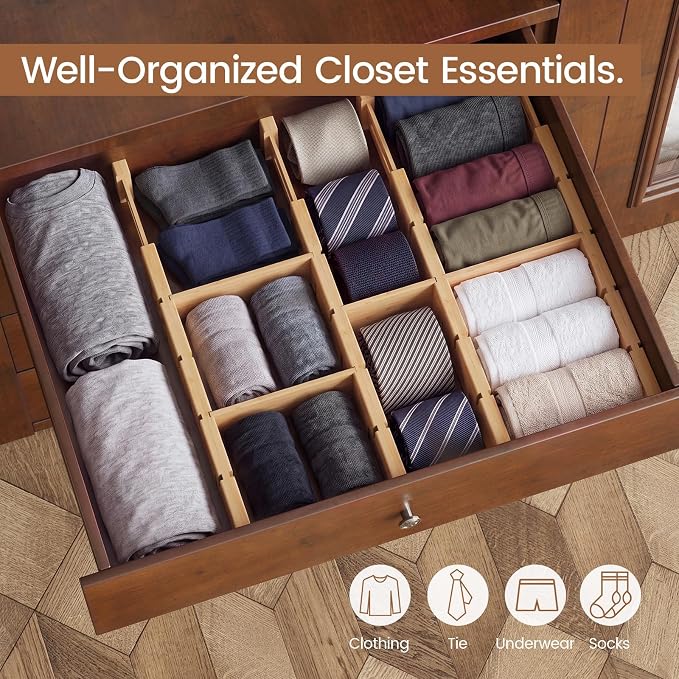 Bamboo Drawer Dividers 4 Pack with Inserts, Kitchen Adjustable Drawer Organizers for Home, Bedroom, Dresser, Expandable Organization 4 Dividers with 8 Inserts - Image 7