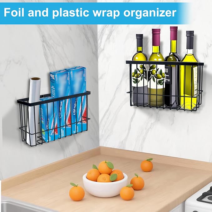 Kitchen Cabinet Door Organizer 3 pack, Lid Organizers Inside Cabinet with 2 Sponges, Foil and Plastic Wrap Organizer with 4 Hooks, for Aluminum Foil, Plastic Wrap, Black, (Small, Medium, Large) - Image 2