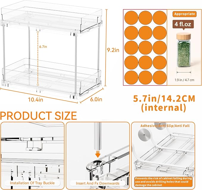 2 Pack 2 Tier Vertical Spice Rack Pull Out,10.4'' Deep Narrow Slide Out Spice Rack Organizer for Inside Cabinets,Kitchen,Pantry,Cupboard Seasoning,Can,Jar Organizer and Medicine Cabinet Storage - Image 2