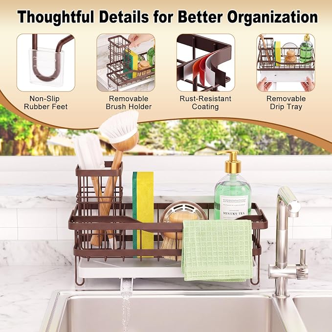 Sponge Holder for Kitchen Sink, Self-draining Sink Caddy with Towel Rack and Brush Holder, Metal Kitchen Countertop Organizers and Storage Essentials, Bronze - Image 7