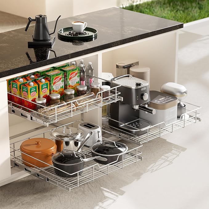 2 Tier Pull Out Cabinet Organizer 21" W X 22" D, Chromed, Full Slide Out | For Kitchen Organizers and Storage, Pull Out Drawers For Cabinets Capacity Heavy Duty Caddy, Cabinet Shelves, Bathroom Pantry - Image 8