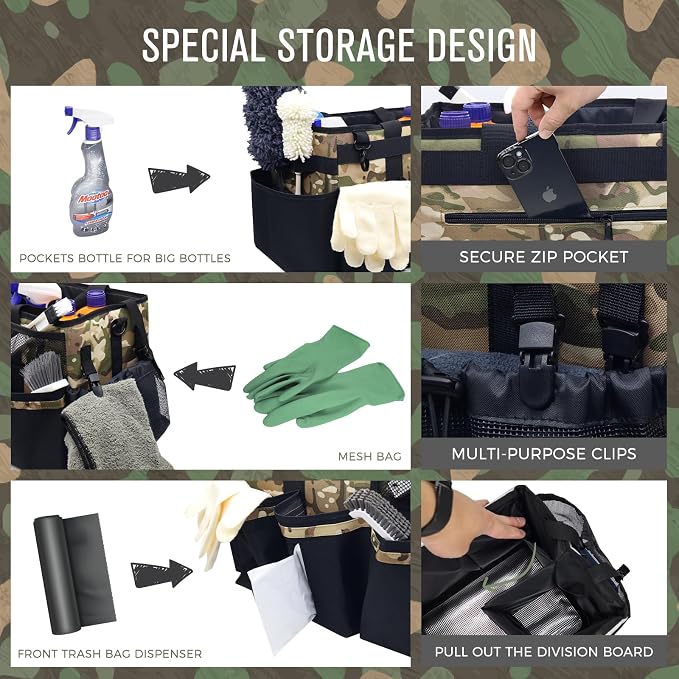 SCAVATA Wearable Cleaning Caddy Organizer with Handle & Shoulder Straps for Housekeepers, Under Sink & Car Cleaning Tool Organizer Bag with 4 Foldable Dividers (Camouflage) - Image 2