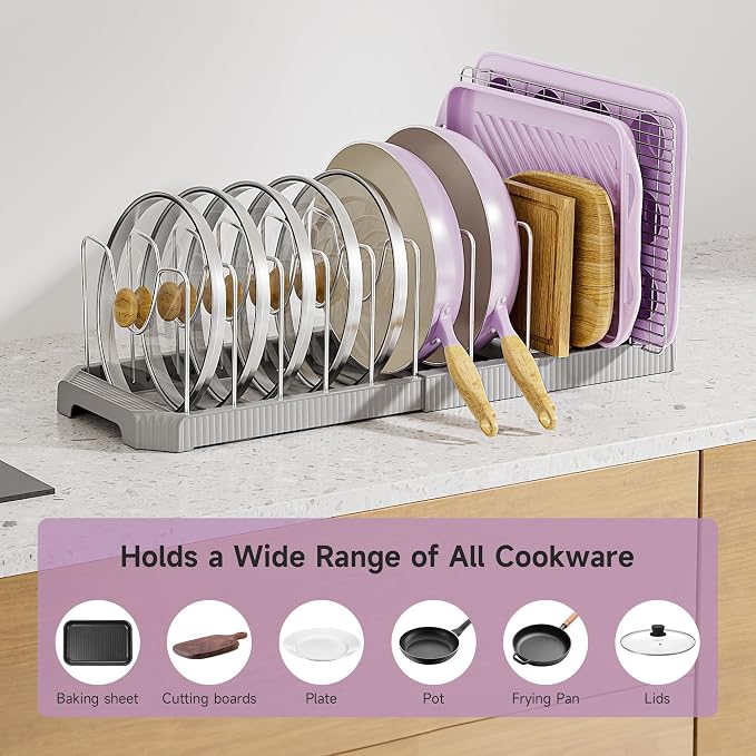 MUDEELA Pots and Pans Organizer under Cabinet, Pan Pot Organizer Inside Cabinet, Expandable 12.9''-21.88'' Pot Lid Organizer Holder with 12 Adjustable Dividers for Cutting Boards, Pan Lid Rack, Grey - Image 3