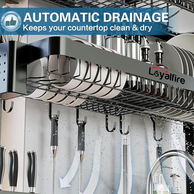 Loyalfire Over Sink Dish Drying Rack, 3 Tier Adjustable Length (20.87'' to 37.6'') Full Stainless Steel Large Storage Kitchen Dish Rack, Expandable Drainer Shelf Rack with Multifunctional Organizers - Image 4