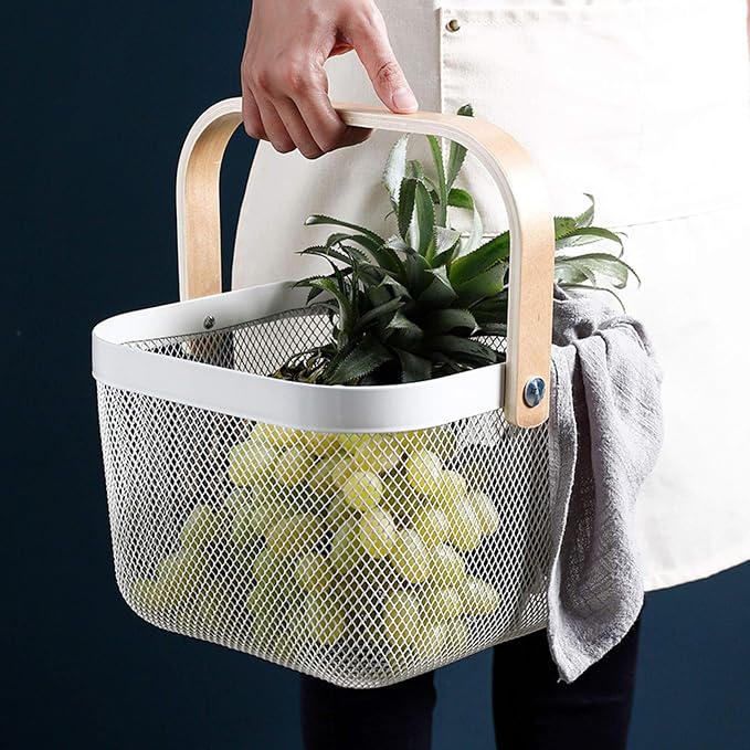 AJIODA Metal Mesh Steel Basket, Storage Organizer Basket Multi-functional Hanging Kitchen Baskets Fruit Basket Bin with Bamboo Handle for Kitchen Bathroom Picnic Shopping Decor Cabinet Home, White - Image 5
