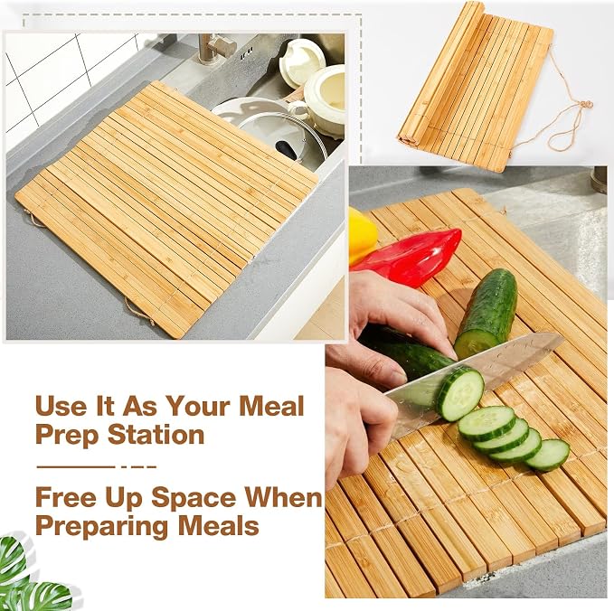 Wooden Dish Drying Rack, 17.8 x 16 Inch Roll up Kitchen Over Sink Dish Drying Rack for Dishes, Plates, Bowls, Wooden Cover Counter Space, Crack Resistant Drainer, Kitchen Supplies(Natural) - Image 5