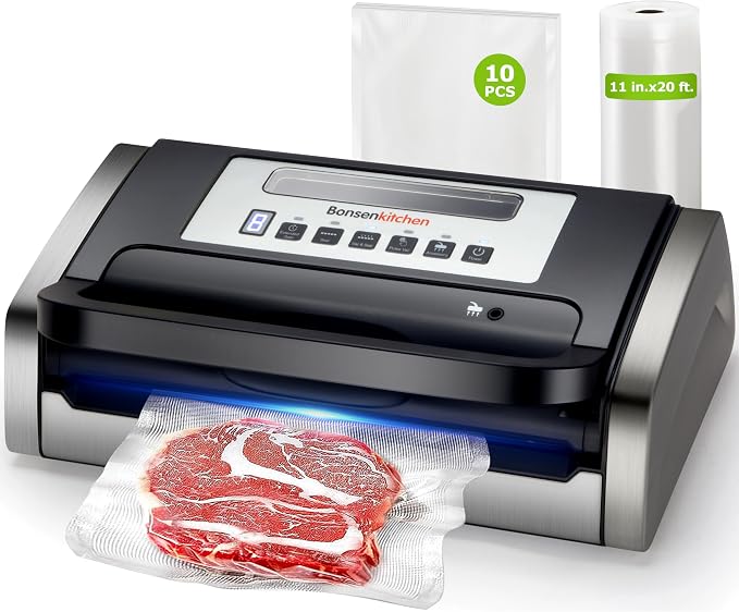 Bonsenkitchen Vacuum Sealer with Easy Handle Design,1 Bag Roll & 10 Bags | Powerful Suction Food Vacuum Sealer, Low-Noise, Fast Continuous Sealing for Bulk Buy, Built-in Cutter & Bag Storage, Black by Bonsenkitchen