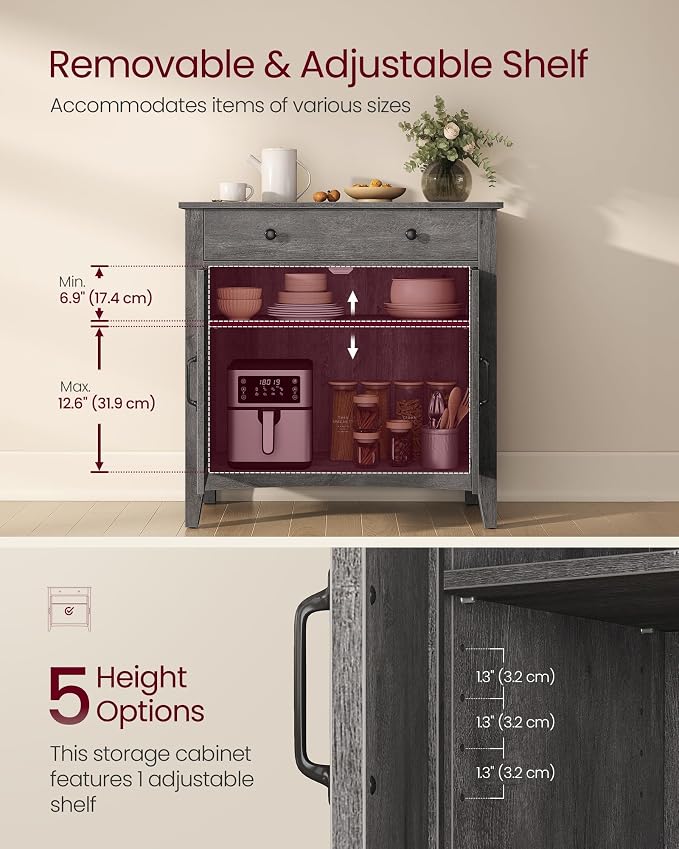 VASAGLE LIRY Collection - Buffet Cabinet, Coffee Bar Cabinet with a Drawer, Adjustable Shelf, Sideboard Storage with Cable Hole, Drawer Divider, Misty Gray UBBK341GW01S - Image 4