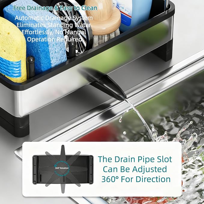 Stainless Steel Sink Caddy Sponge Holder for Kitchen Sink 9.8″ | with Auto-Drain, with Removable Brush Holder & Towel Rack, Rustproof Sink Organizer for Countertop, Kitchen Accessories - Image 6