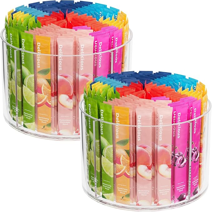 2-Pack Divided Drink Packet Organizer, Rotating Turntable Organizer | Spinning Powdered Drink Mix Holder, Clear Lazy Susan Turntable, Divided Water Drink Packet Storage Organizer by SlowSLog
