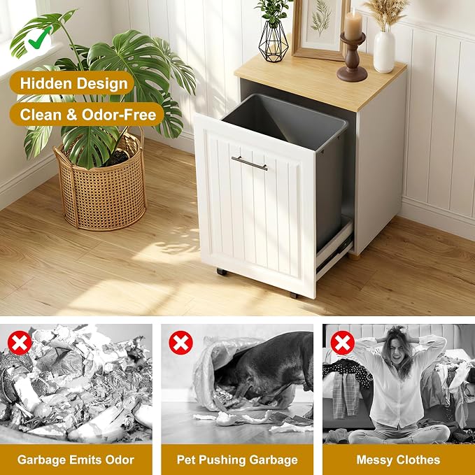 ZIFTY 10 Gallon Pull Out Trash Can Cabinet Kitchen, Laundry Hamper, White | Freestanding Kitchen Cabinet, Hidden Waste Bin, Pet Proof, Wooden Garbage Recycling, Modern Farmhouse Waste Bin Furniture - Image 6