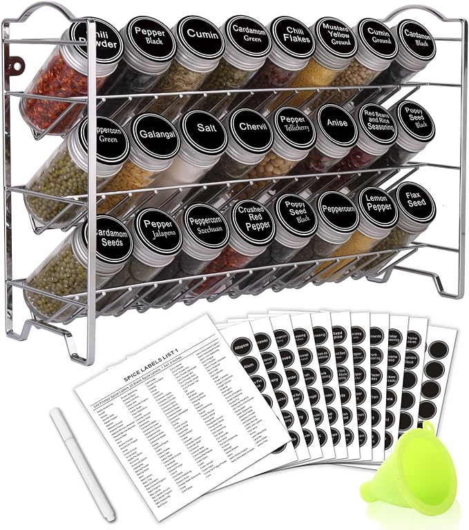 SWOMMOLY Spice Rack Organizer with 24 Round Spice Jars, 396 Spice Labels | Chalk Marker, Funnel Set for Cabinet, Countertop, Pantry, Cupboard or Door & Wall Mount - 24 Jars, 14.8" W × 9.8" H, Silver by SWOMMOLY